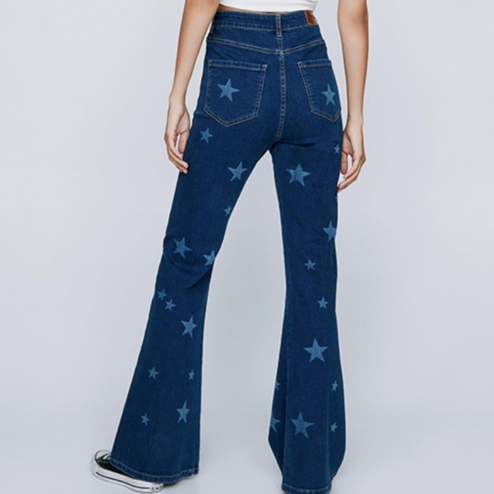 NWOT Nasty Gal High Waisted Star Print Stretch Flare Blue Denim Pants